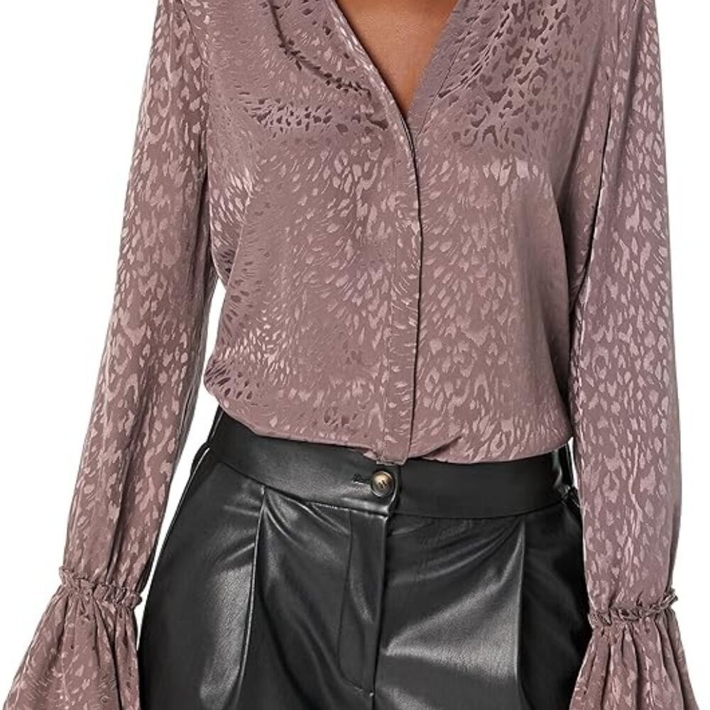 PAIGE Abriana Shirt Button Down Pleated Sleeve Luxe Matte Satin in Truffle XS